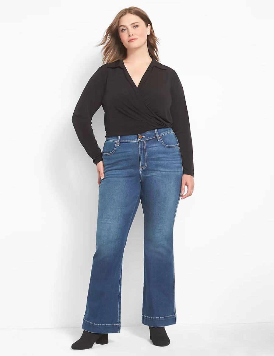 Women Lane Bryant Fitted Long-Sleeve Surplice Collar Crop Shirts Black | STR5874AG