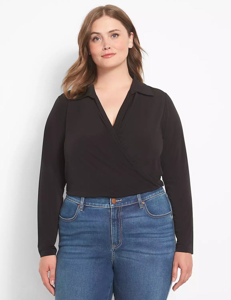 Women Lane Bryant Fitted Long-Sleeve Surplice Collar Crop Shirts Black | STR5874AG