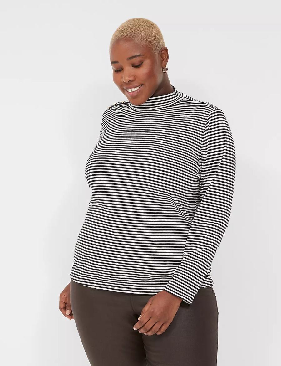 Women Lane Bryant Fitted Long-Sleeve Turtleneck Top T Shirts Black White Stripes | ORS3679WP
