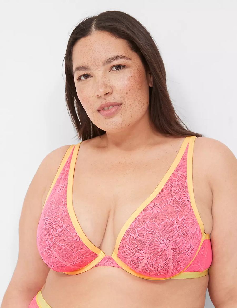 Women Lane Bryant Flower Lace High Apex Unlined Bra Pink | VUK161DZ