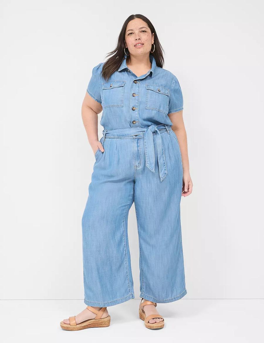 Women Lane Bryant Fluid Denim Jumpsuit Light Blue | EVL8776FF