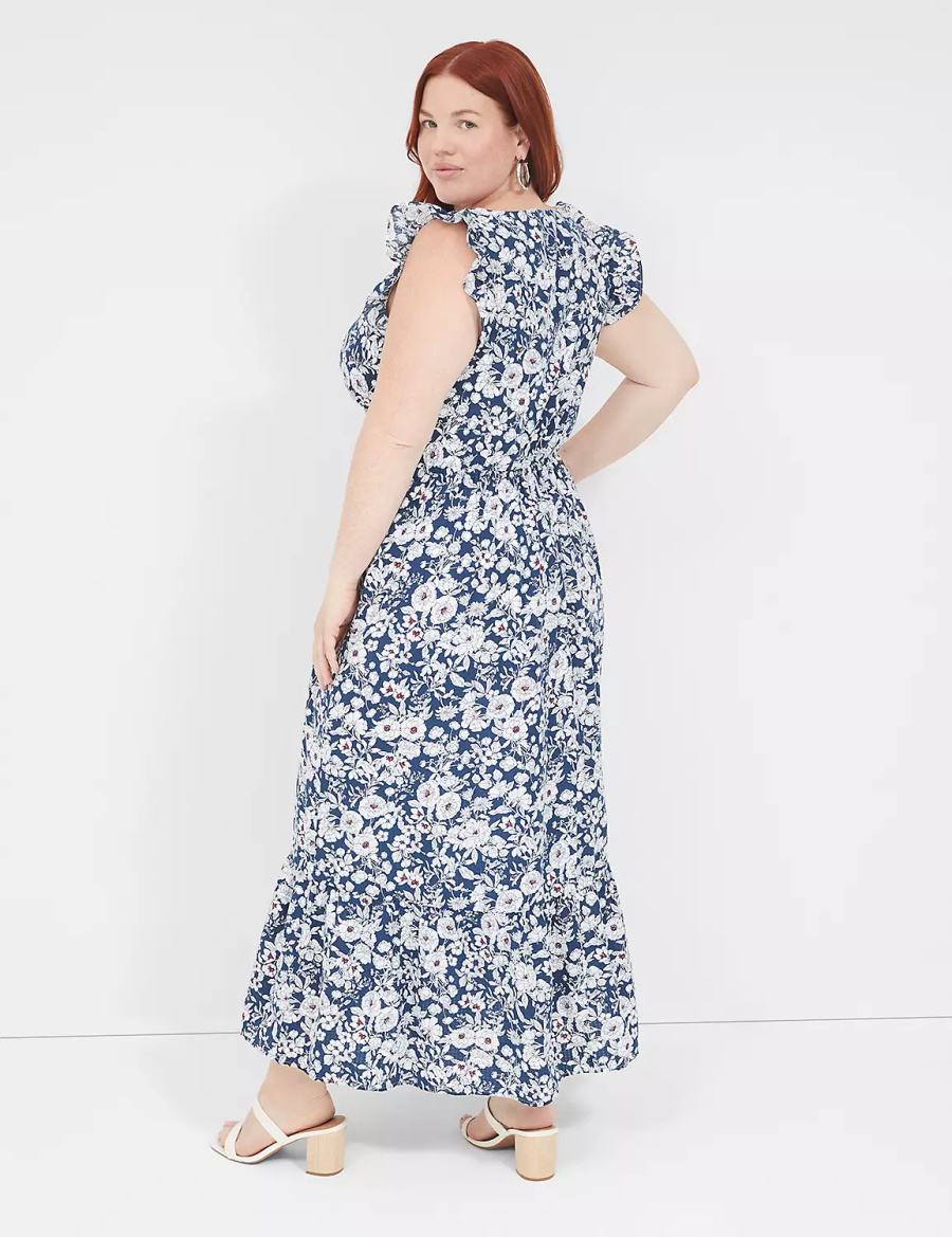 Women Lane Bryant Flutter-Sleeve Button-Front Maxi Dress Blue | HEC2228QR