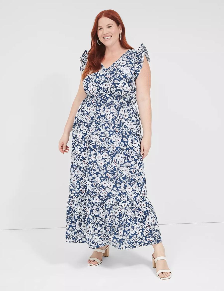 Women Lane Bryant Flutter-Sleeve Button-Front Maxi Dress Blue | HEC2228QR
