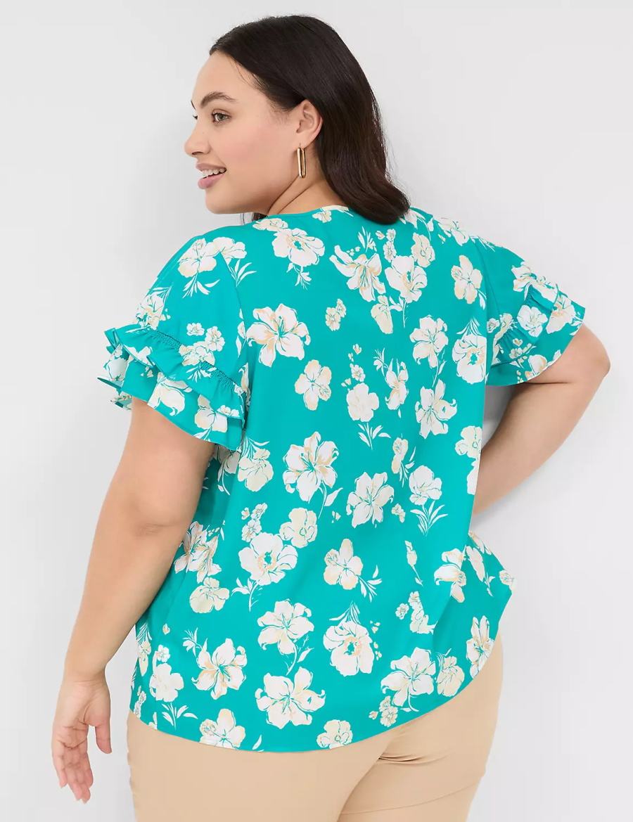 Women Lane Bryant Flutter-Sleeve Crew-Neck Top T Shirts Turquoise | TJT4139BZ