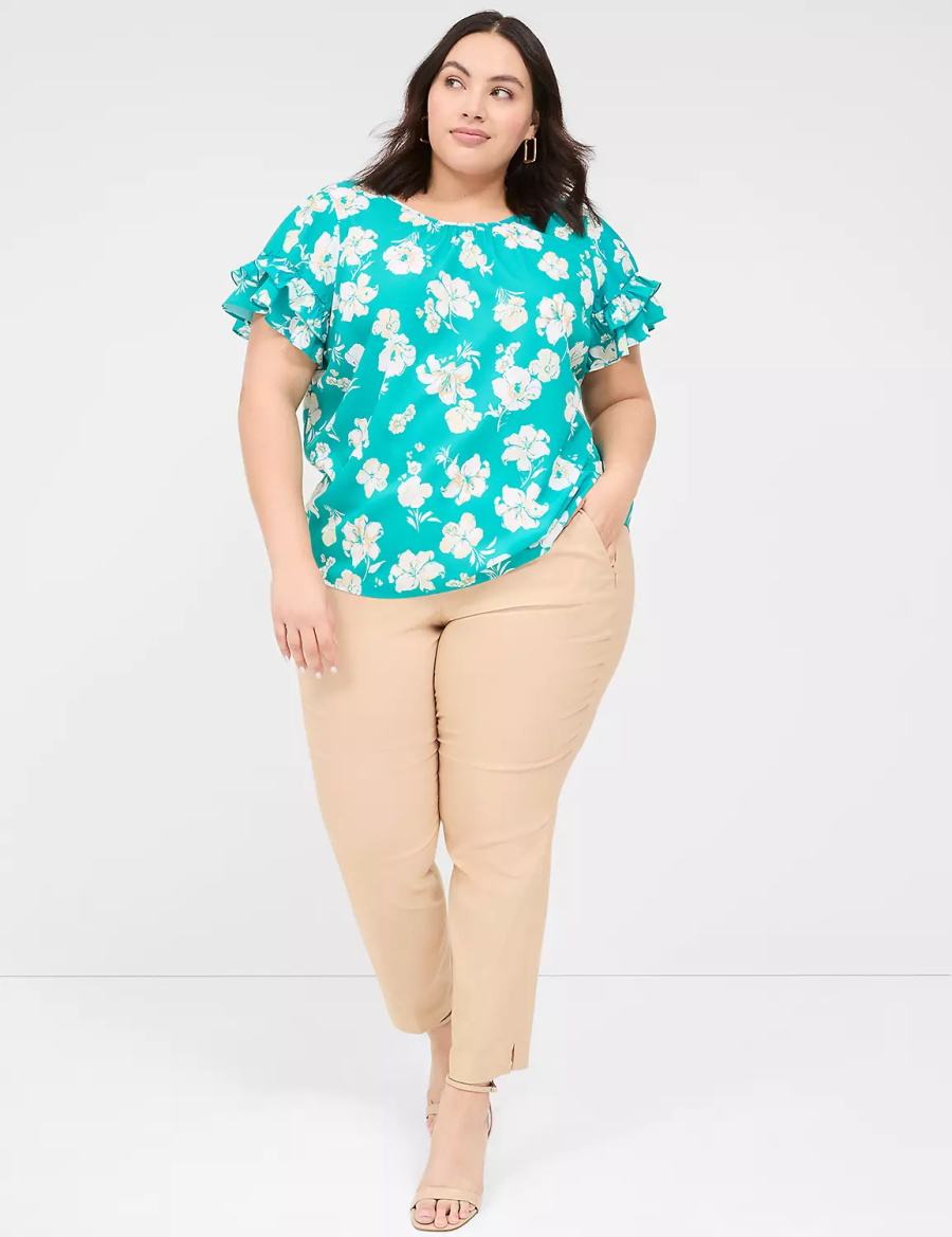 Women Lane Bryant Flutter-Sleeve Crew-Neck Top T Shirts Turquoise | TJT4139BZ
