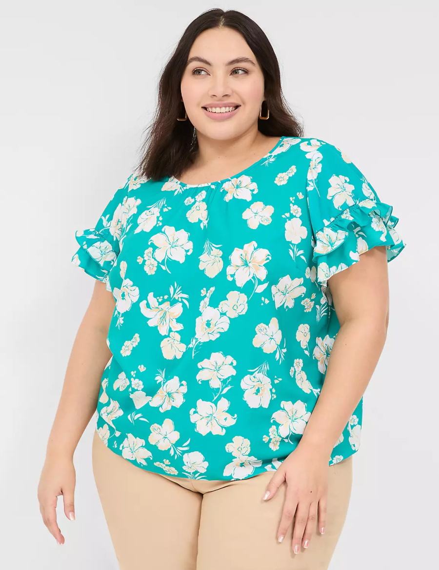 Women Lane Bryant Flutter-Sleeve Crew-Neck Top T Shirts Turquoise | TJT4139BZ