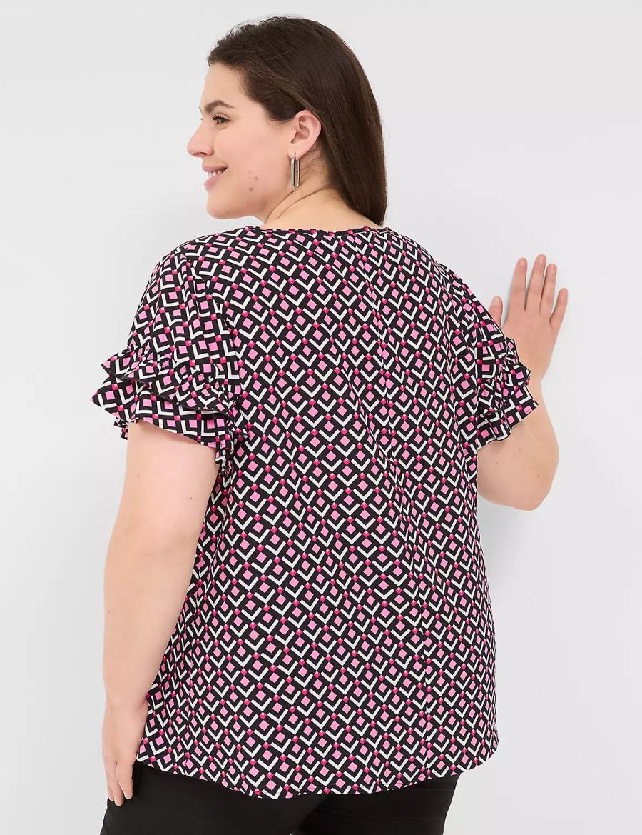 Women Lane Bryant Flutter-Sleeve Crew-Neck Top T Shirts Pink Navy | YUJ8926PB