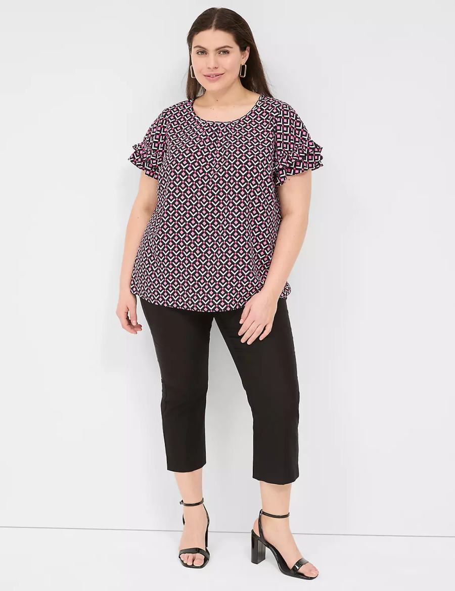 Women Lane Bryant Flutter-Sleeve Crew-Neck Top T Shirts Pink Navy | YUJ8926PB