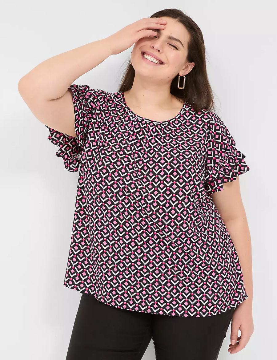 Women Lane Bryant Flutter-Sleeve Crew-Neck Top T Shirts Pink Navy | YUJ8926PB