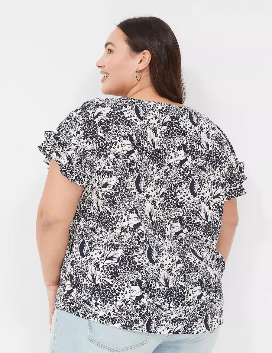Women Lane Bryant Flutter-Sleeve Crew-Neck Top T Shirts Navy Cream | ICL84VO