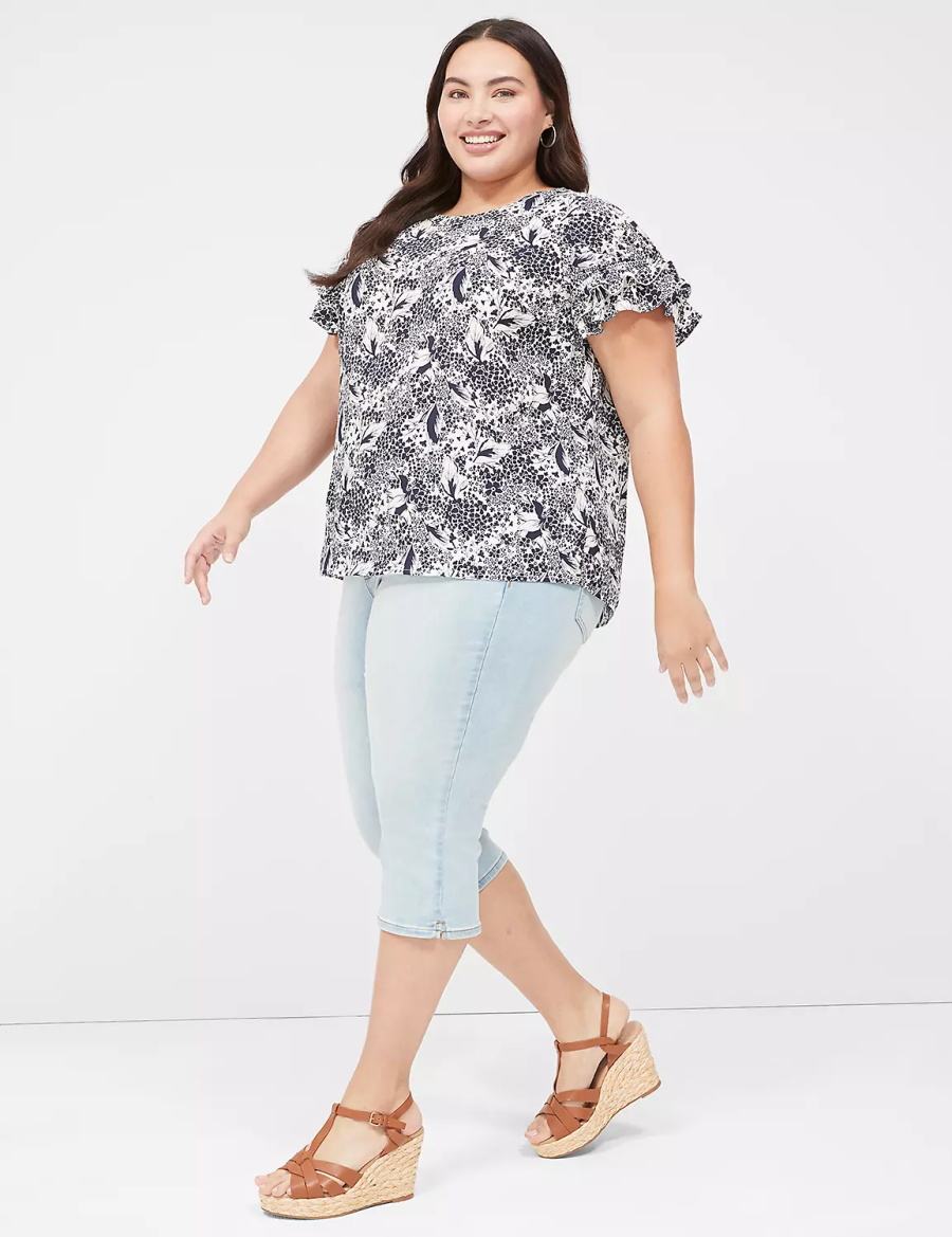 Women Lane Bryant Flutter-Sleeve Crew-Neck Top T Shirts Navy Cream | ICL84VO
