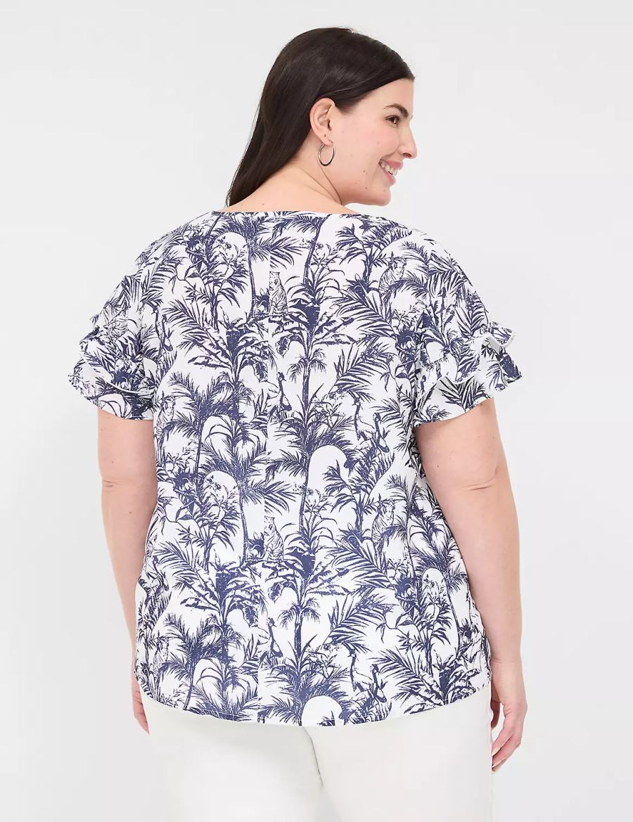 Women Lane Bryant Flutter-Sleeve Crew-Neck Top T Shirts Navy | WJG55100NE