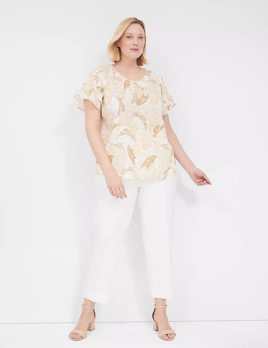 Women Lane Bryant Flutter-Sleeve Crew-Neck Top T Shirts Brown Multicolor | DJA54100GY