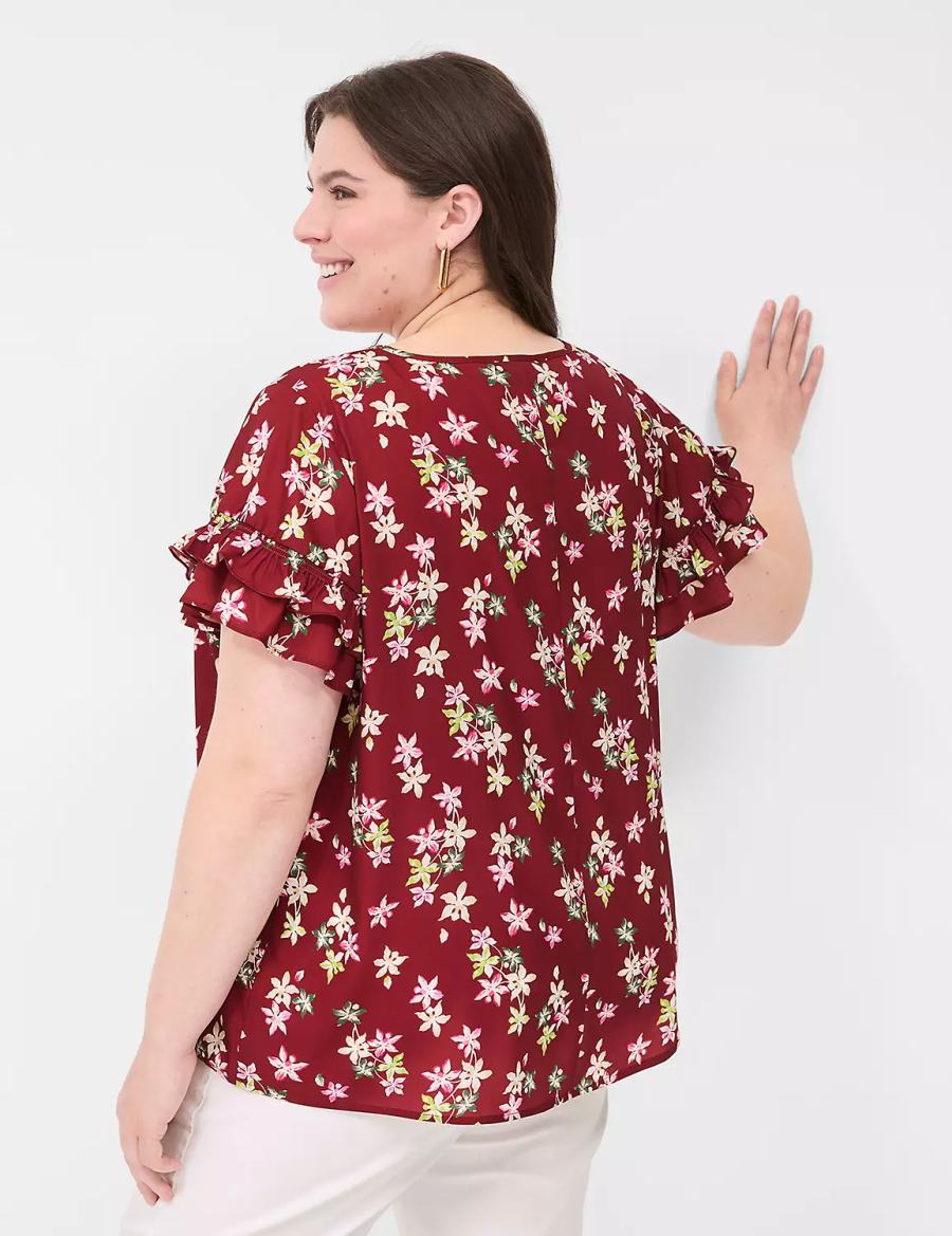 Women Lane Bryant Flutter-Sleeve Crew-Neck Top T Shirts Red Multicolor | XSH4277WT