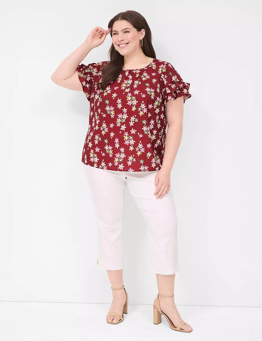 Women Lane Bryant Flutter-Sleeve Crew-Neck Top T Shirts Red Multicolor | XSH4277WT