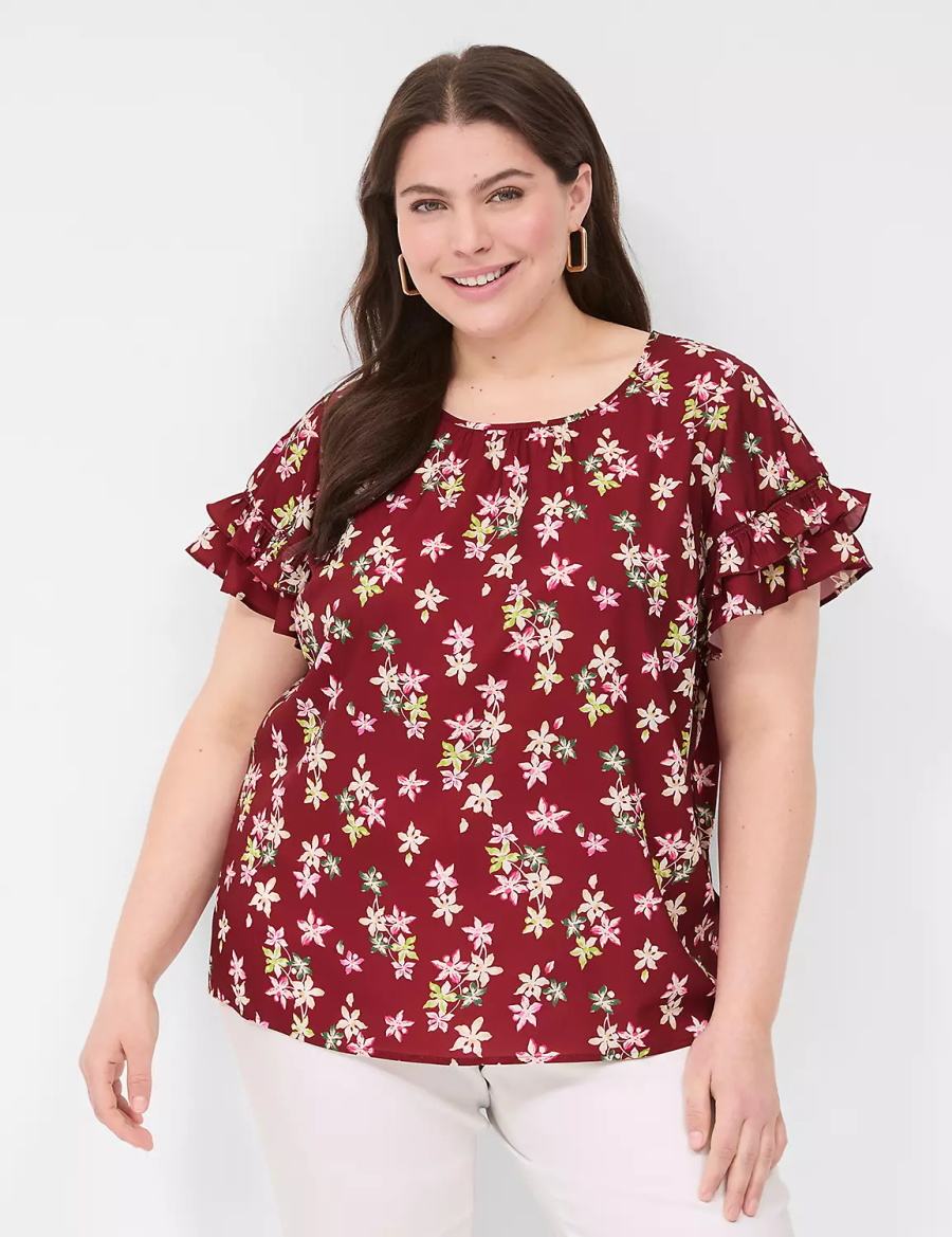 Women Lane Bryant Flutter-Sleeve Crew-Neck Top T Shirts Red Multicolor | XSH4277WT
