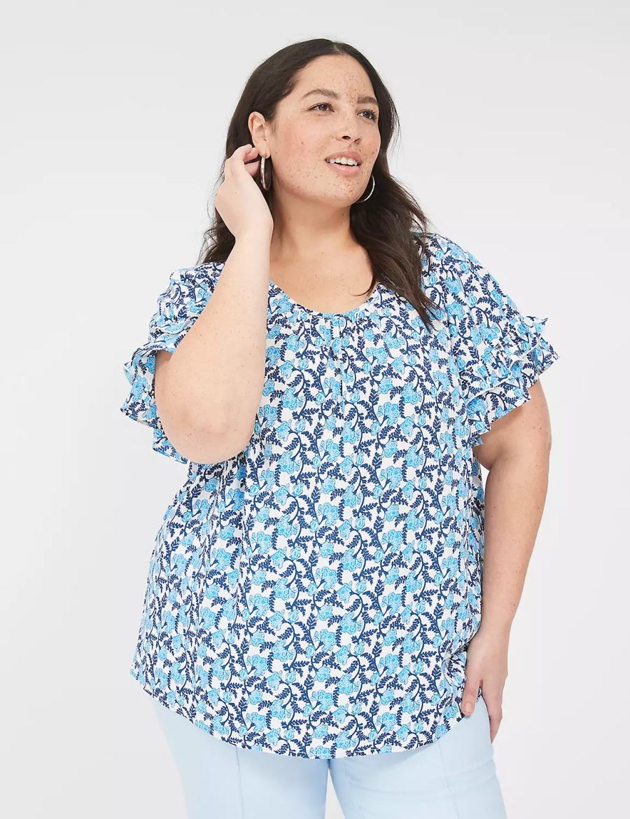 Women Lane Bryant Flutter-Sleeve Crew-Neck Top T Shirts Blue | ACQ7347AS