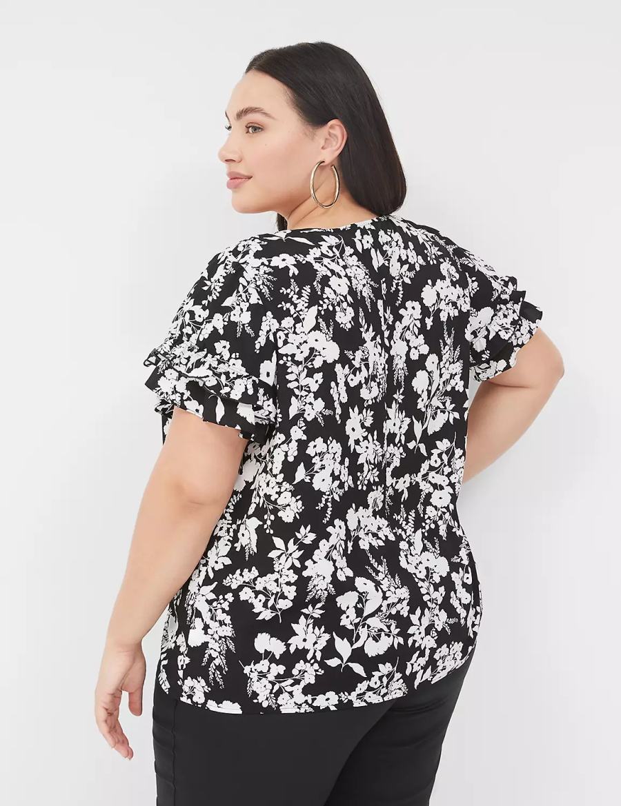 Women Lane Bryant Flutter-Sleeve Crew-Neck Top T Shirts Black | AWF7058QK