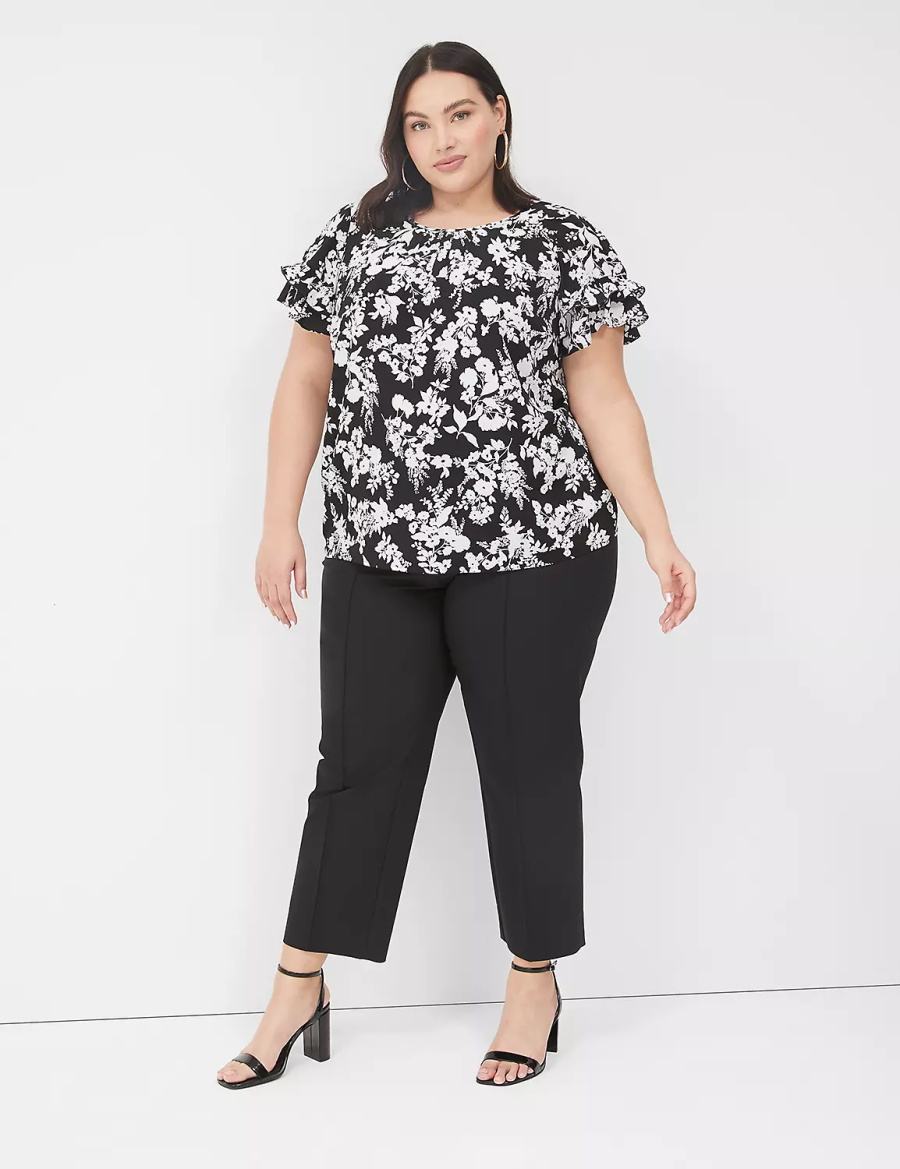 Women Lane Bryant Flutter-Sleeve Crew-Neck Top T Shirts Black | AWF7058QK