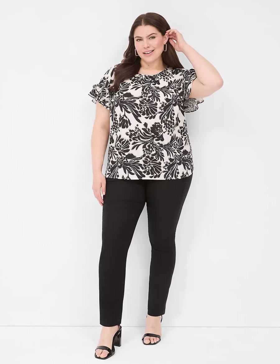 Women Lane Bryant Flutter-Sleeve Crew-Neck Top T Shirts Black | WKC6812MP