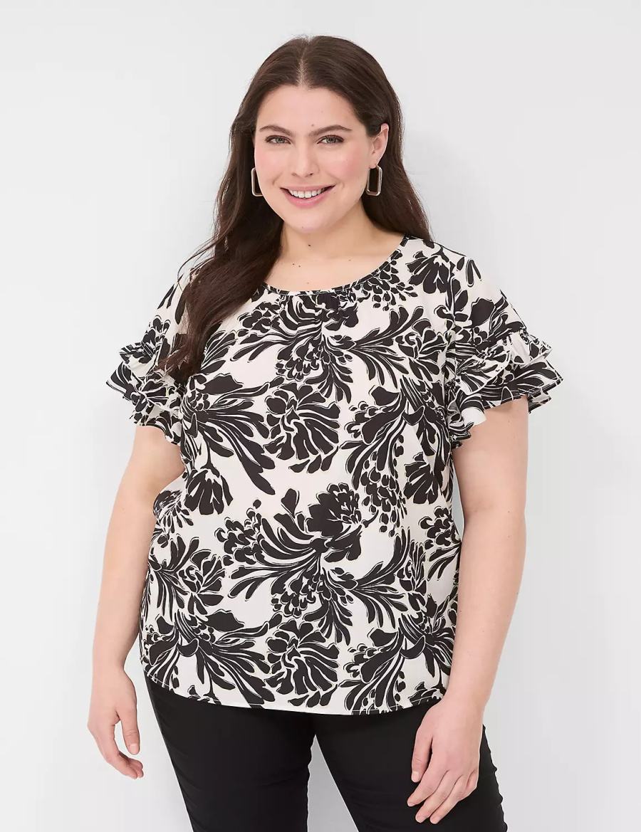 Women Lane Bryant Flutter-Sleeve Crew-Neck Top T Shirts Black | WKC6812MP