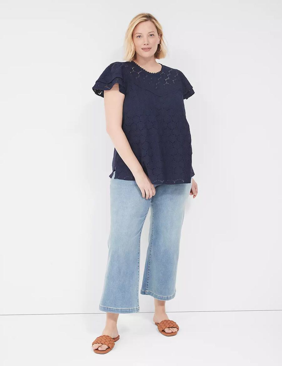 Women Lane Bryant Flutter-Sleeve Crew-Neck Blouse Blue | CGB172XS