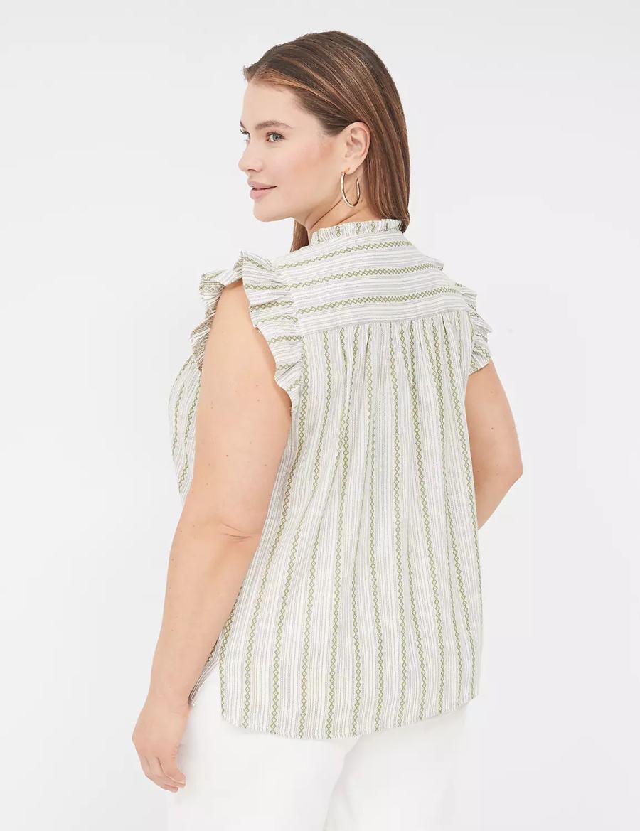 Women Lane Bryant Flutter-Sleeve Ruffle-Neck Blouse Green Stripes | VAB4791ZH