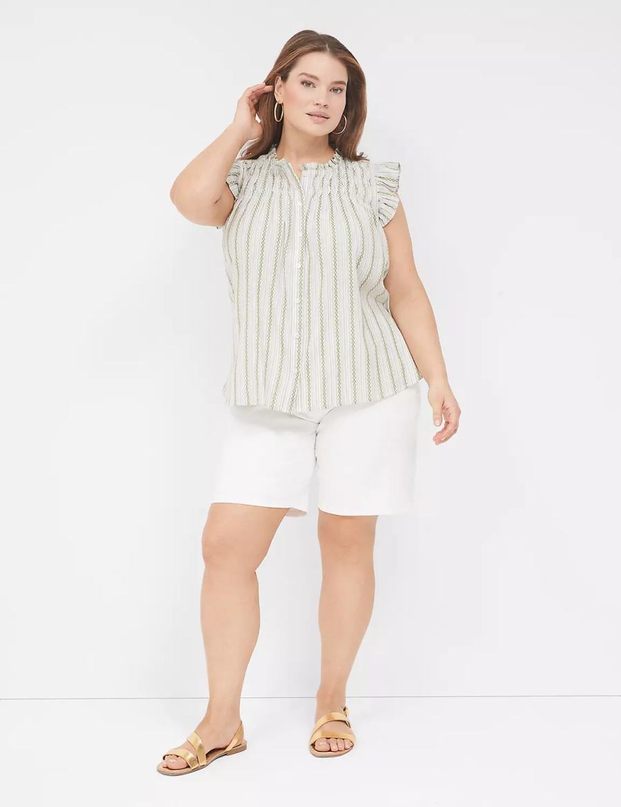 Women Lane Bryant Flutter-Sleeve Ruffle-Neck Blouse Green Stripes | VAB4791ZH