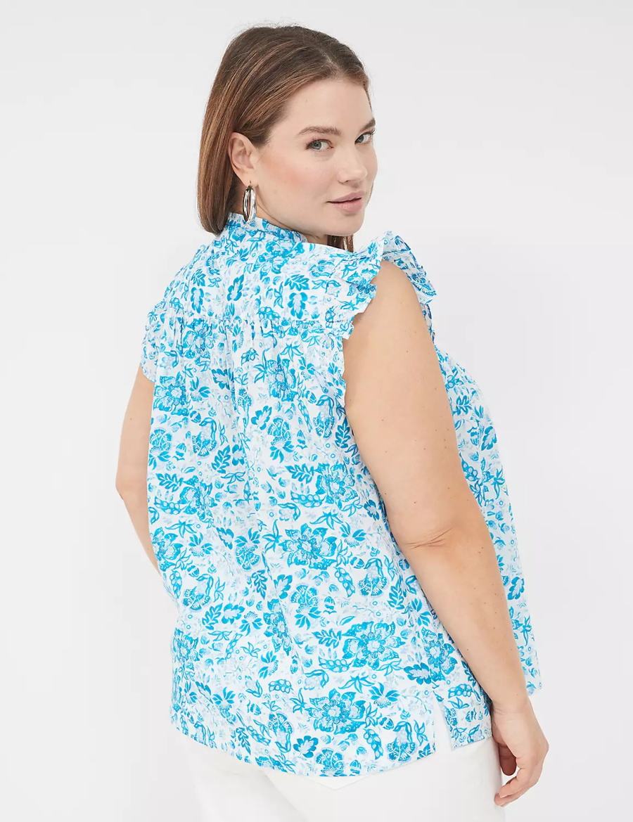 Women Lane Bryant Flutter-Sleeve Ruffle-Neck Blouse Blue | RTN8020JO