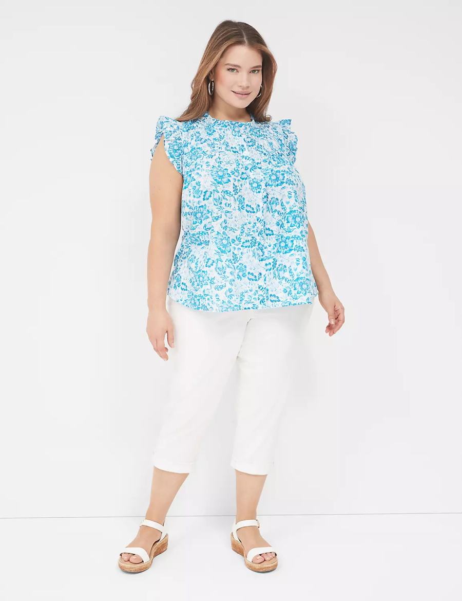 Women Lane Bryant Flutter-Sleeve Ruffle-Neck Blouse Blue | RTN8020JO