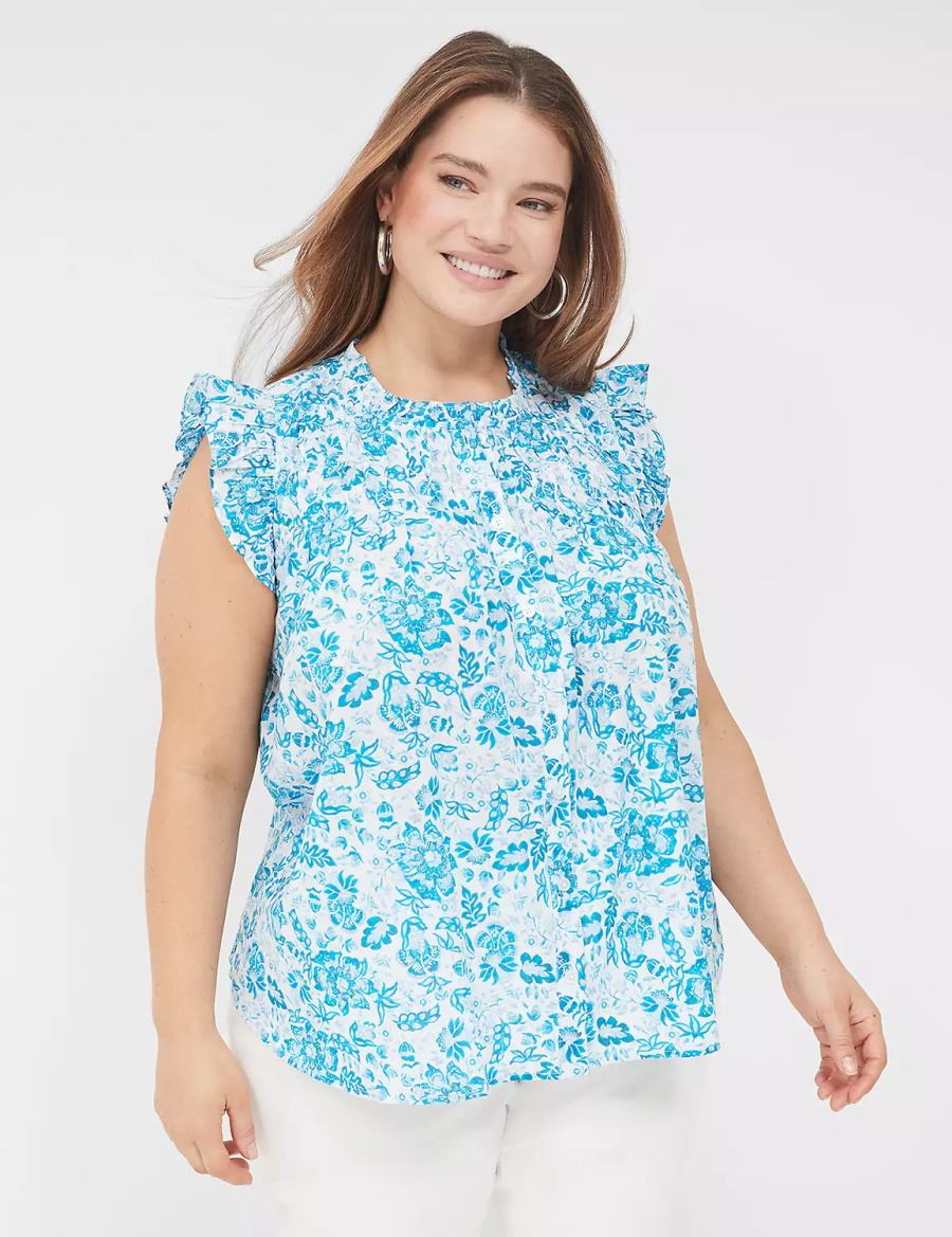 Women Lane Bryant Flutter-Sleeve Ruffle-Neck Blouse Blue | RTN8020JO