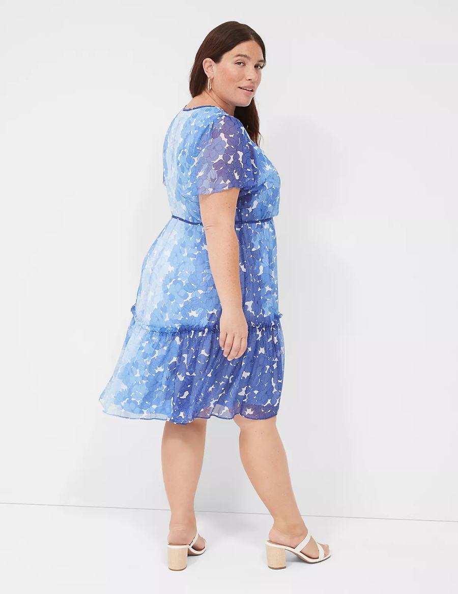 Women Lane Bryant Flutter-Sleeve Ruffle-Tier Casual Dress Blue | AYR425IU