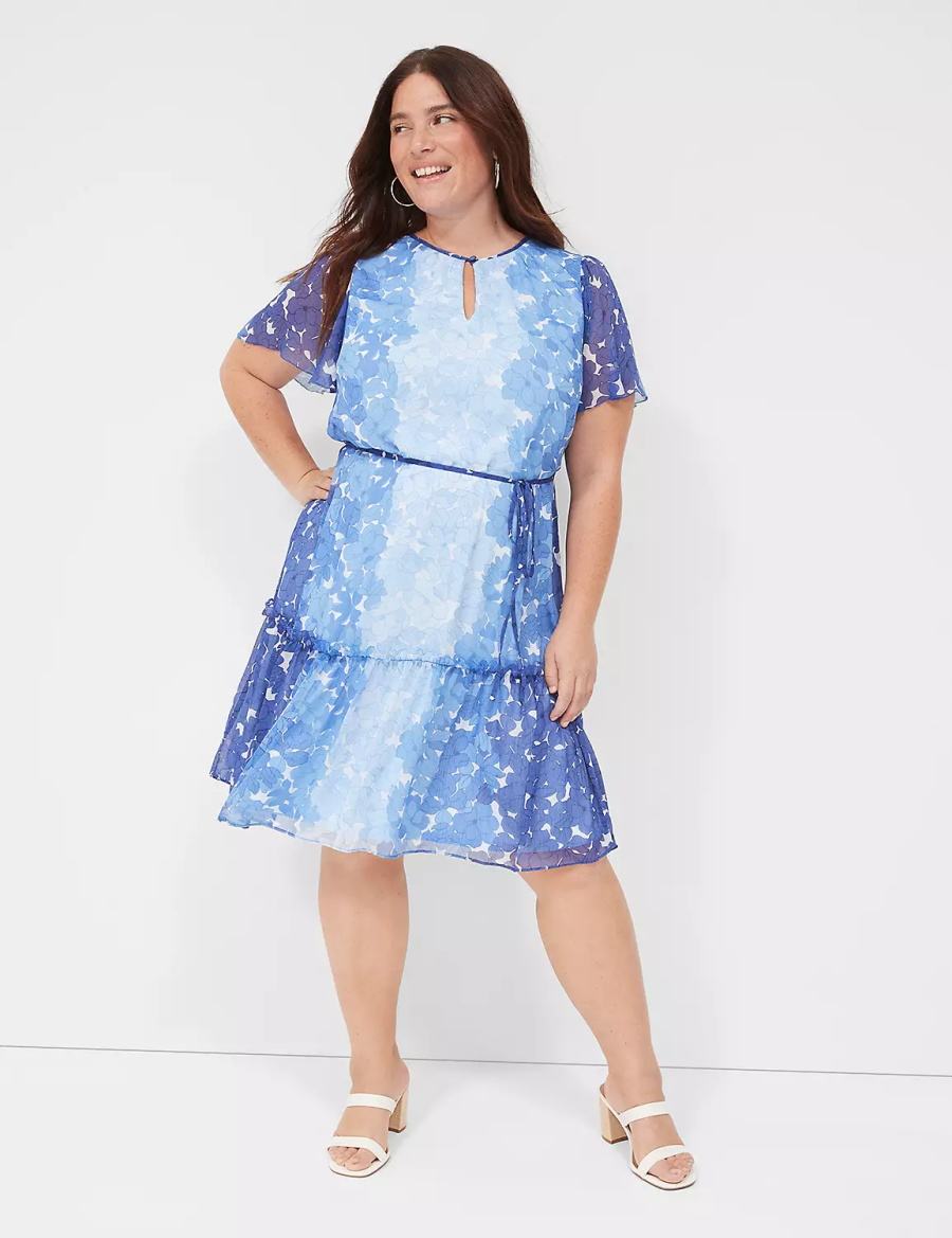 Women Lane Bryant Flutter-Sleeve Ruffle-Tier Casual Dress Blue | AYR425IU