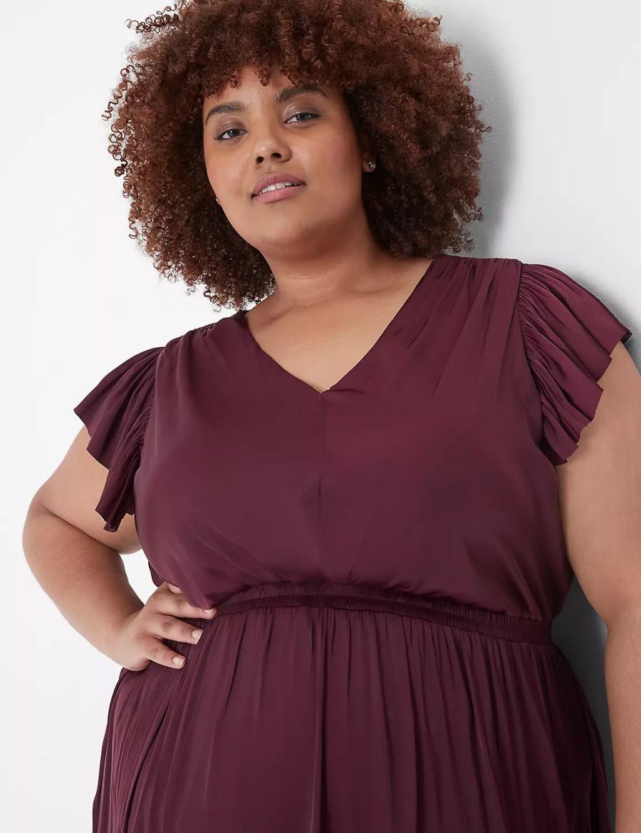 Women Lane Bryant Flutter-Sleeve Shirred Midi Dress Burgundy | NFY4532JZ