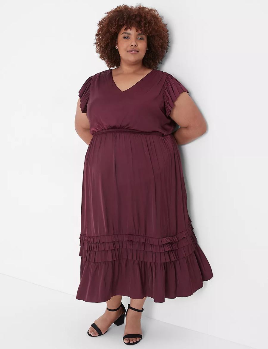 Women Lane Bryant Flutter-Sleeve Shirred Midi Dress Burgundy | NFY4532JZ