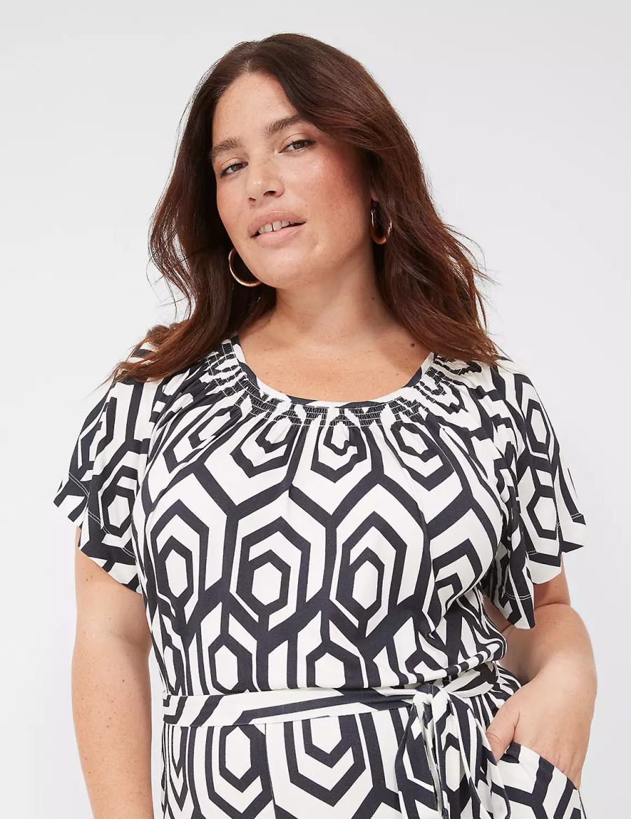 Women Lane Bryant Flutter-Sleeve Smocked-Neck Wide Leg Jumpsuit Navy | GMC94100VN