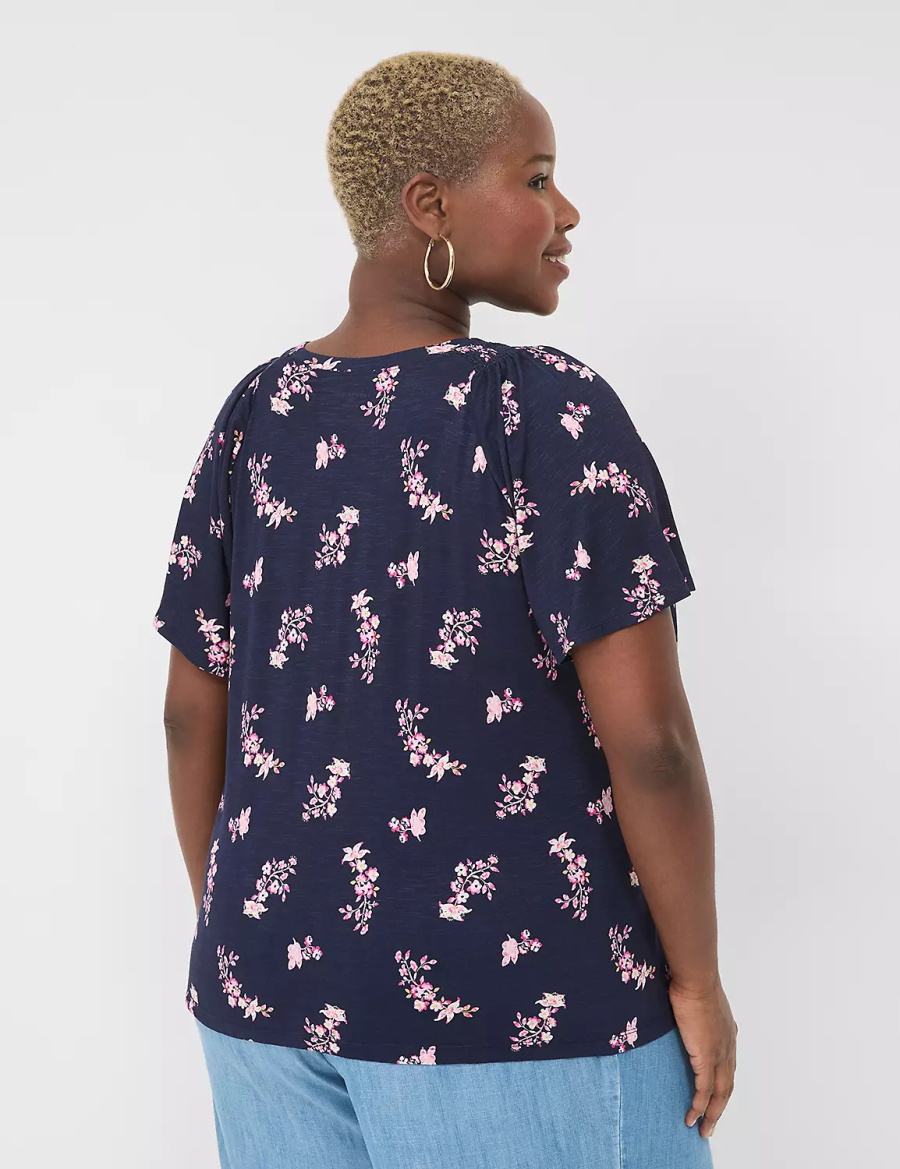 Women Lane Bryant Flutter-Sleeve Smocked Top T Shirts Pink Navy | UIX4738JU