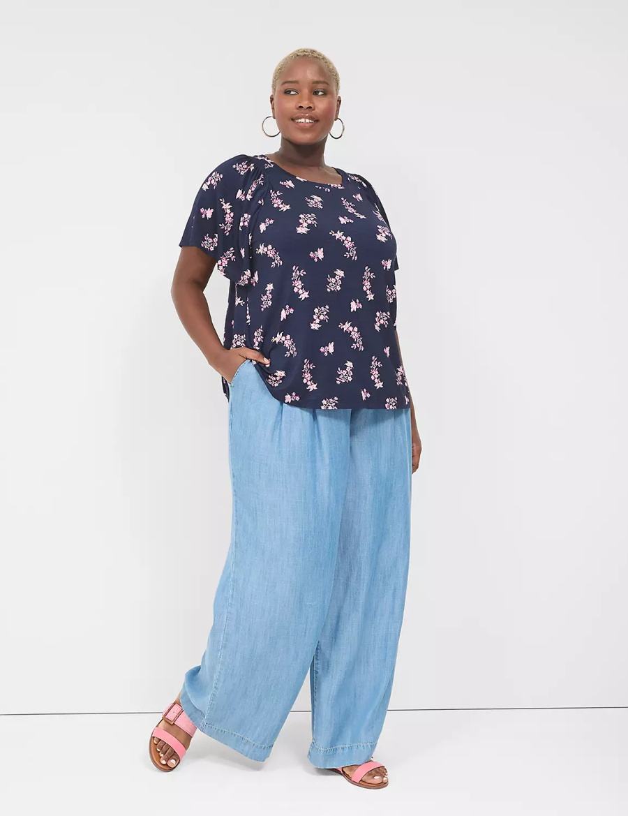 Women Lane Bryant Flutter-Sleeve Smocked Top T Shirts Pink Navy | UIX4738JU