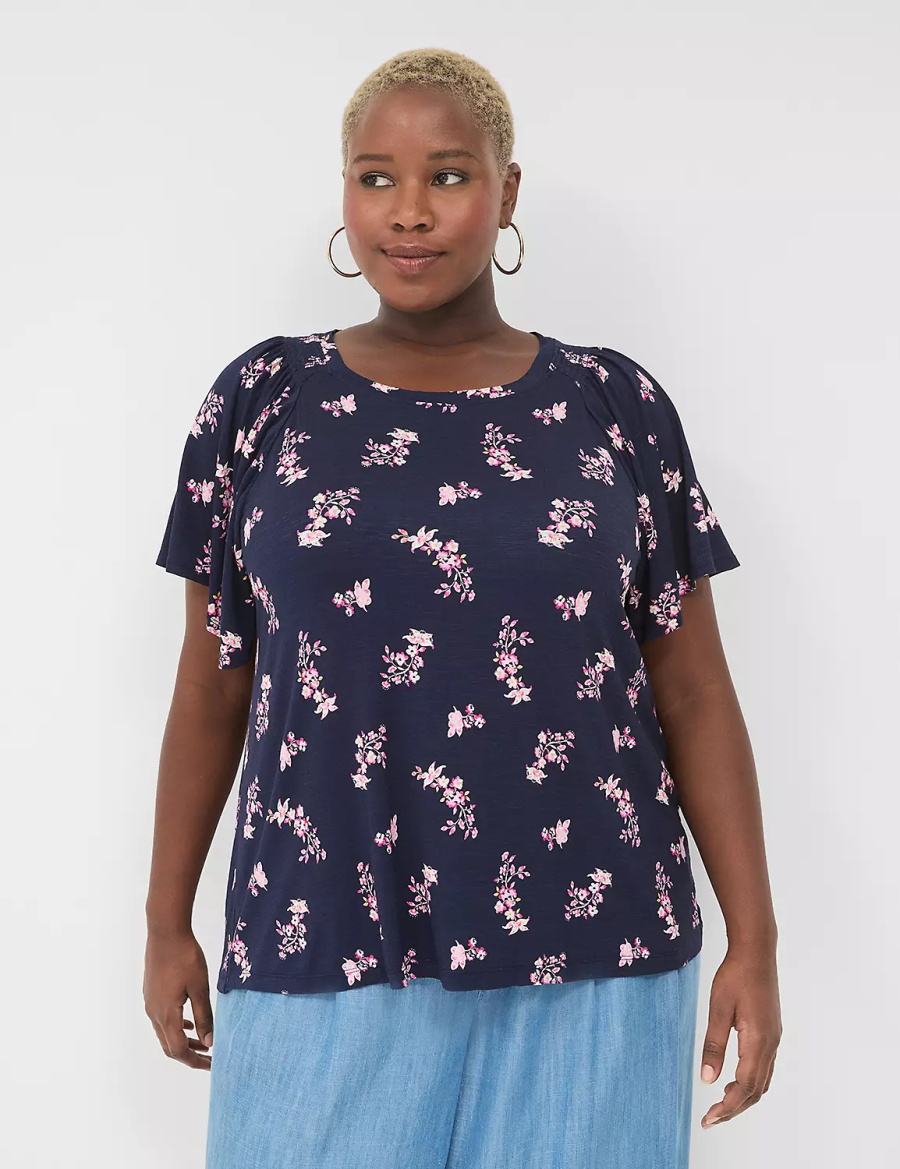 Women Lane Bryant Flutter-Sleeve Smocked Top T Shirts Pink Navy | UIX4738JU