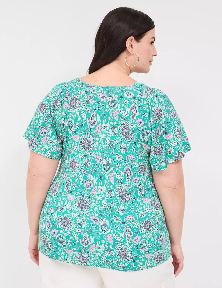 Women Lane Bryant Flutter-Sleeve Smocked Top T Shirts Light Turquoise | LWT9165CL
