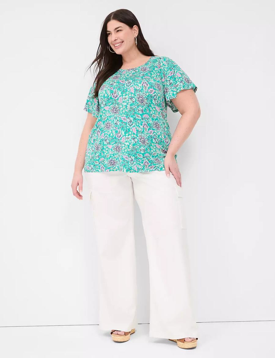 Women Lane Bryant Flutter-Sleeve Smocked Top T Shirts Light Turquoise | LWT9165CL