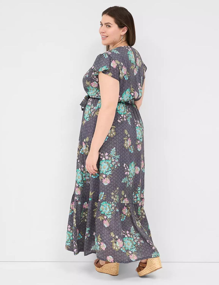 Women Lane Bryant Flutter-Sleeve Surplice-Neck Maxi Dress Black Green | YMX3913UF