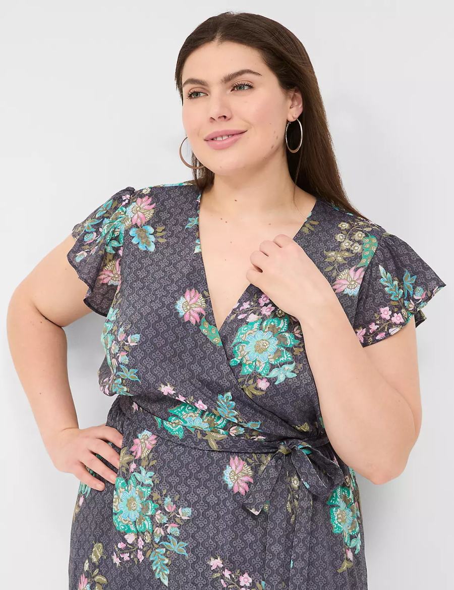Women Lane Bryant Flutter-Sleeve Surplice-Neck Maxi Dress Black Green | YMX3913UF
