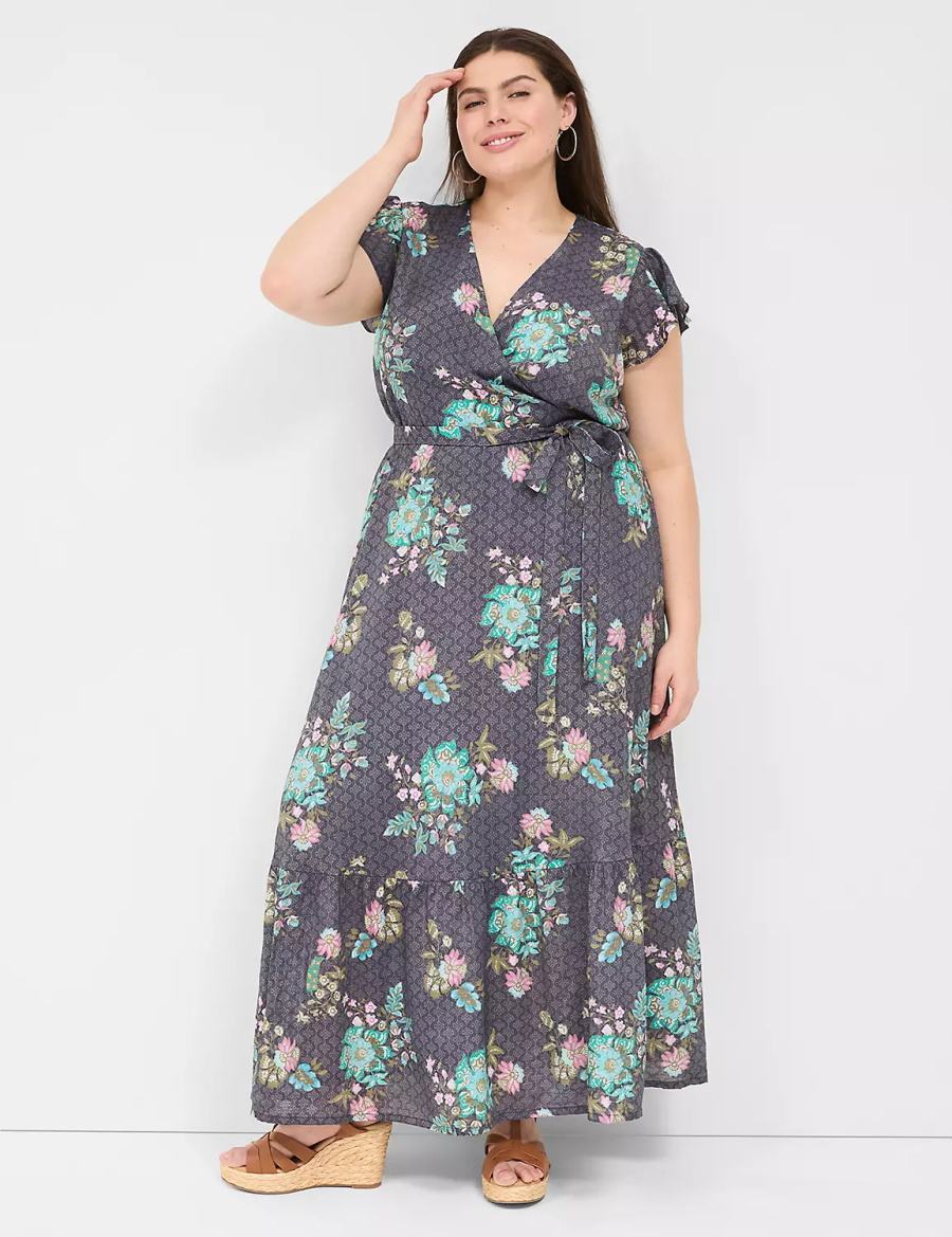 Women Lane Bryant Flutter-Sleeve Surplice-Neck Maxi Dress Black Green | YMX3913UF
