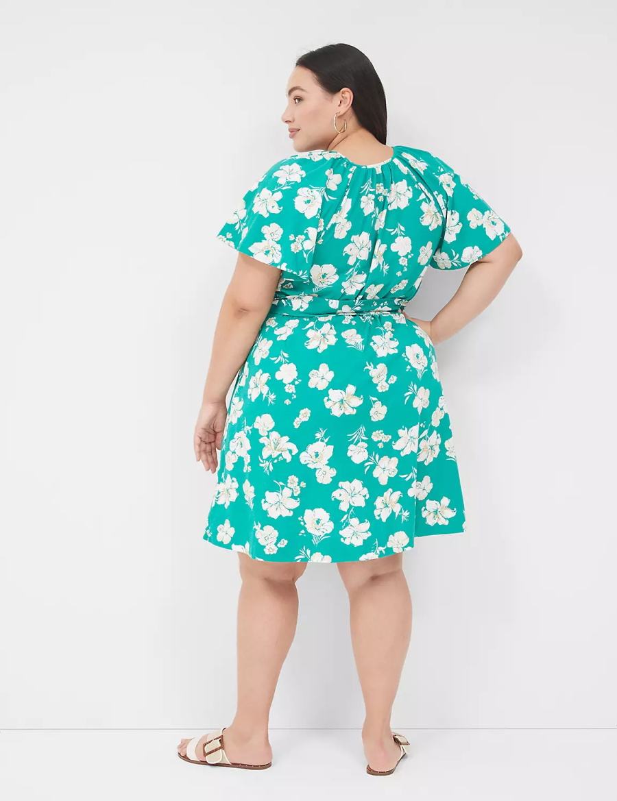 Women Lane Bryant Flutter-Sleeve Tie-Waist Casual Dress Turquoise | NNQ4770AY