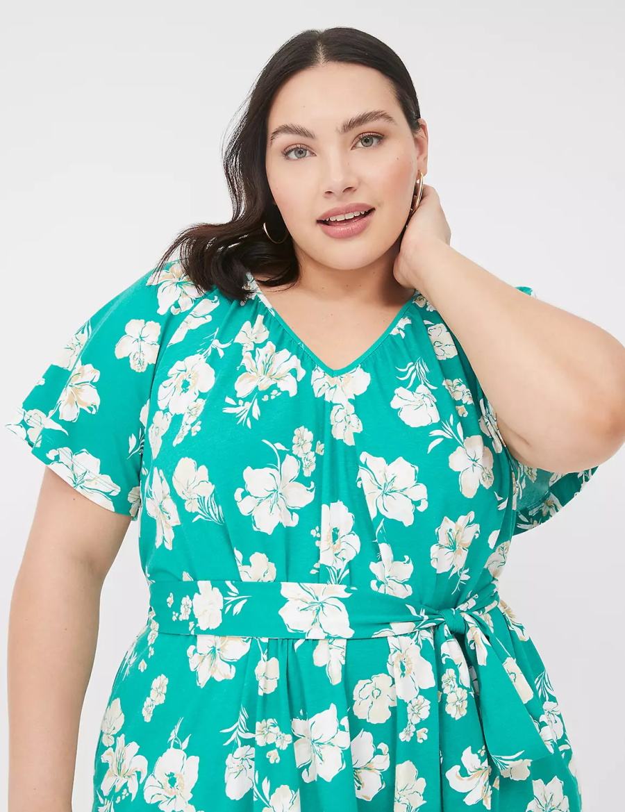 Women Lane Bryant Flutter-Sleeve Tie-Waist Casual Dress Turquoise | NNQ4770AY