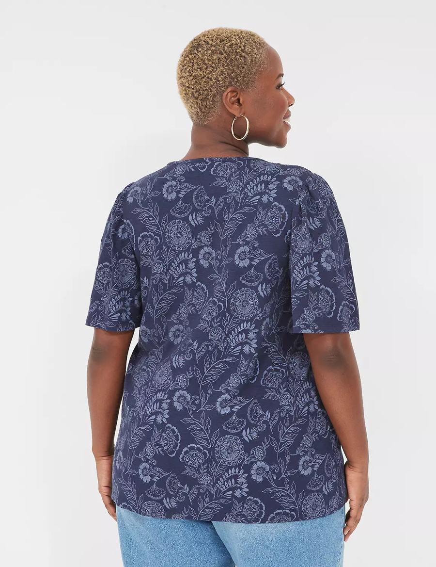 Women Lane Bryant Flutter-Sleeve V-Neck Top T Shirts Navy | ETN5111NG