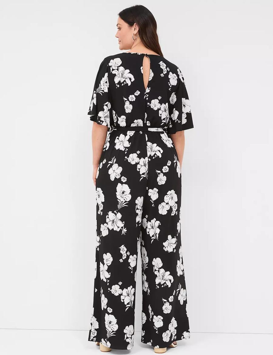 Women Lane Bryant Flutter-Sleeve Wide Leg Jersey Jumpsuit Black | QVZ4528DD