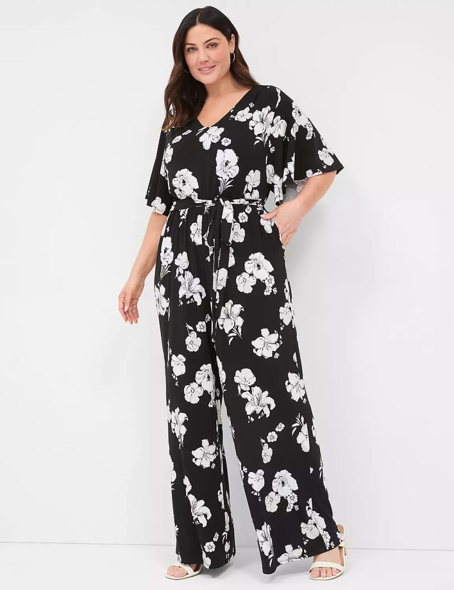 Women Lane Bryant Flutter-Sleeve Wide Leg Jersey Jumpsuit Black | QVZ4528DD