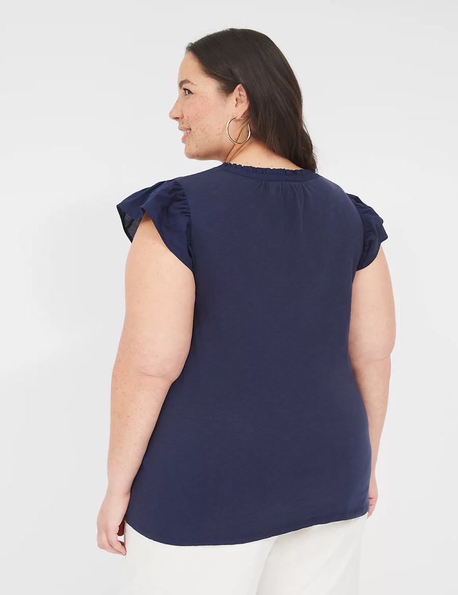 Women Lane Bryant Flutter-Sleeve Woven-Front Knit Top T Shirts Blue | LRB9766ZJ